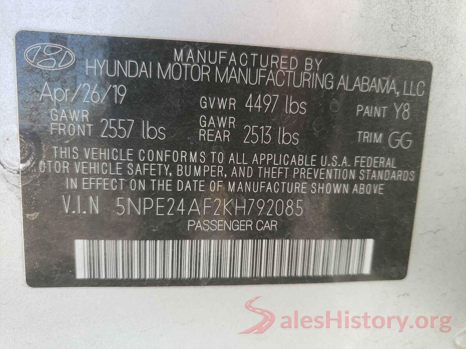 5NPE24AF2KH792085 2019 HYUNDAI SONATA