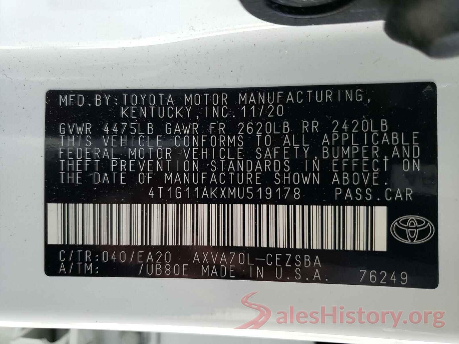 4T1G11AKXMU519178 2021 TOYOTA CAMRY