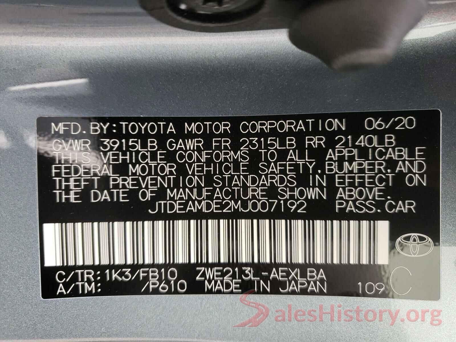 JTDEAMDE2MJ007192 2021 TOYOTA COROLLA