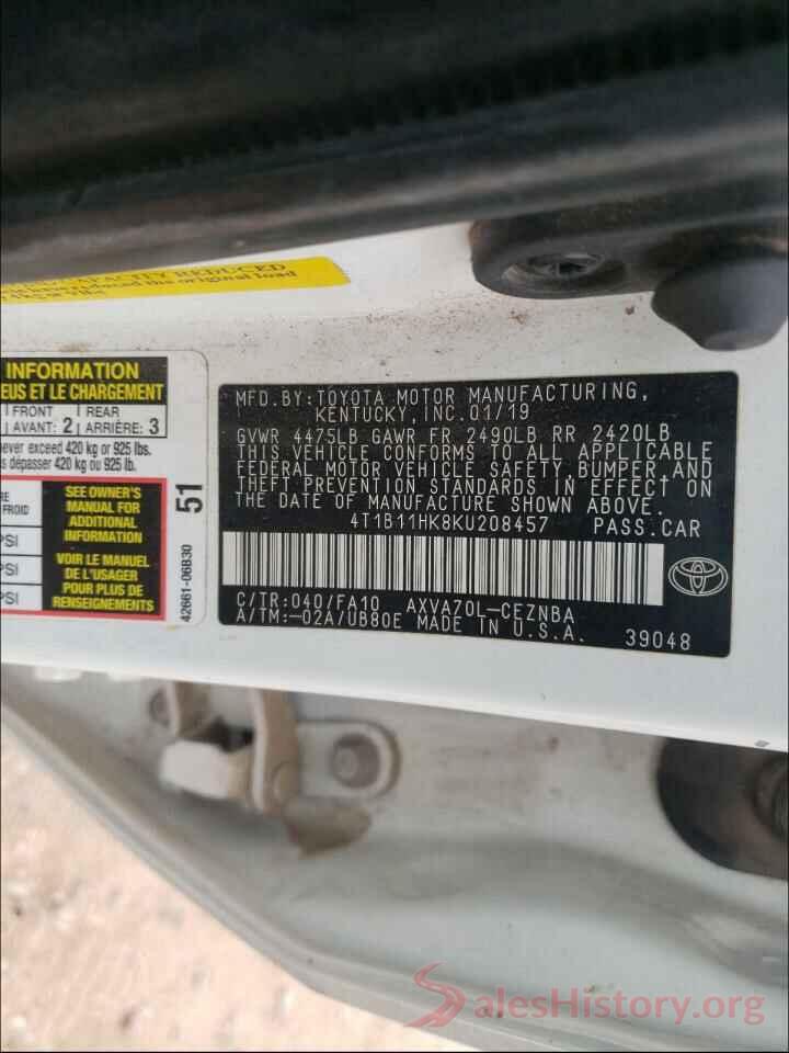 4T1B11HK8KU208457 2019 TOYOTA CAMRY