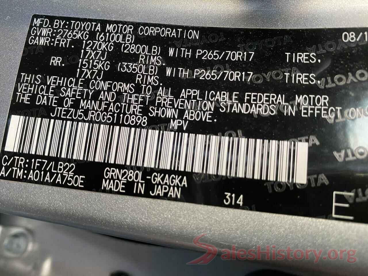 JTEZU5JR0G5110898 2016 TOYOTA 4RUNNER