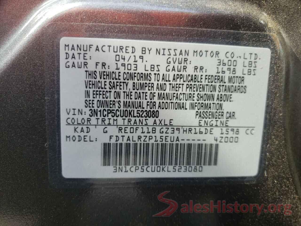 3N1CP5CU0KL523080 2019 NISSAN KICKS