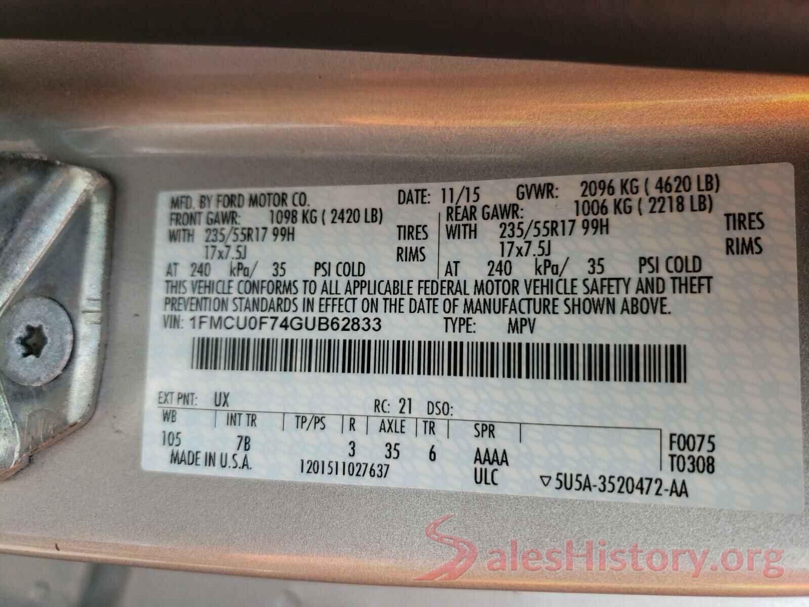 1FMCU0F74GUB62833 2016 FORD ESCAPE