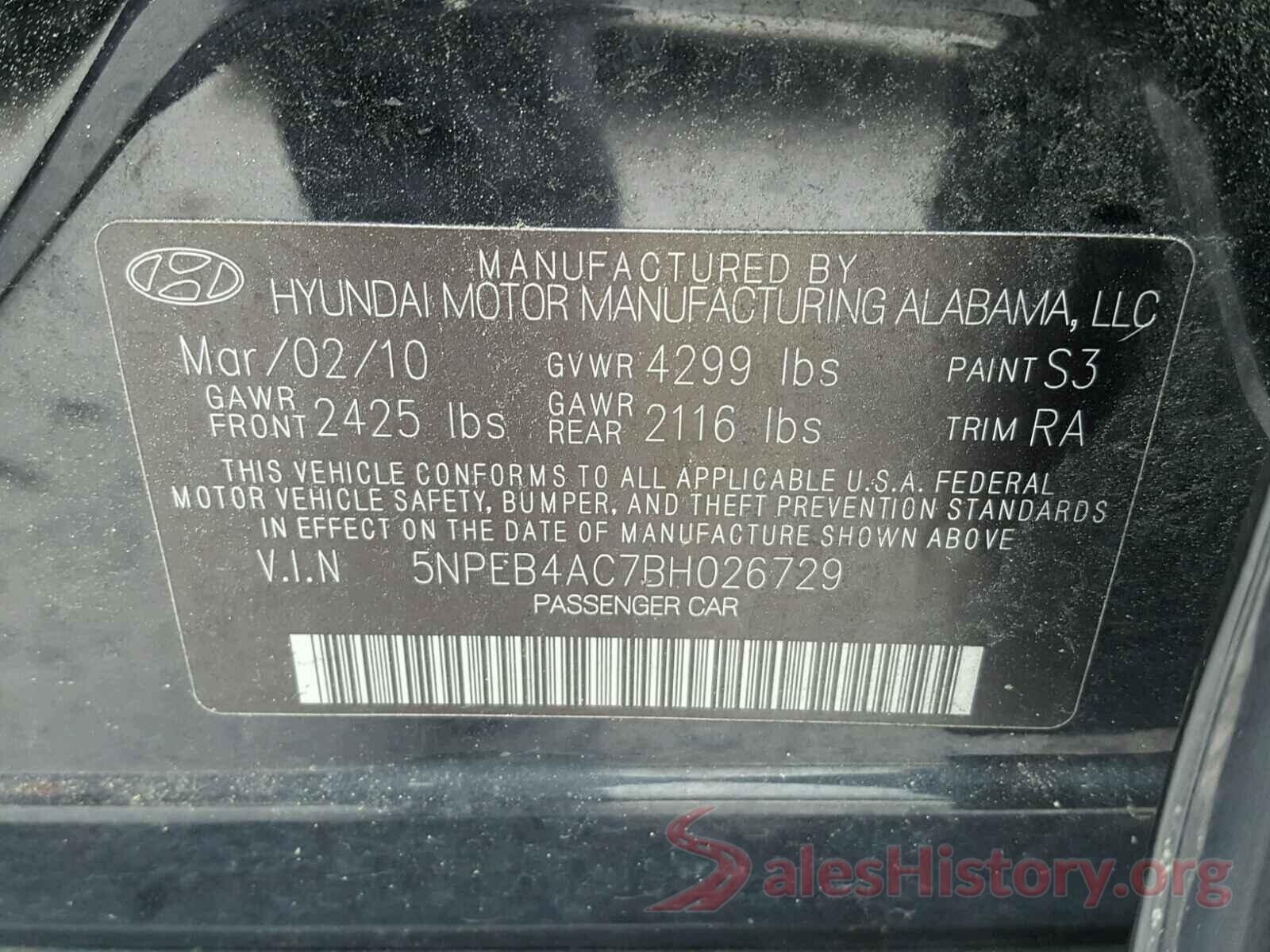 5NPEB4AC7BH026729 2011 HYUNDAI SONATA