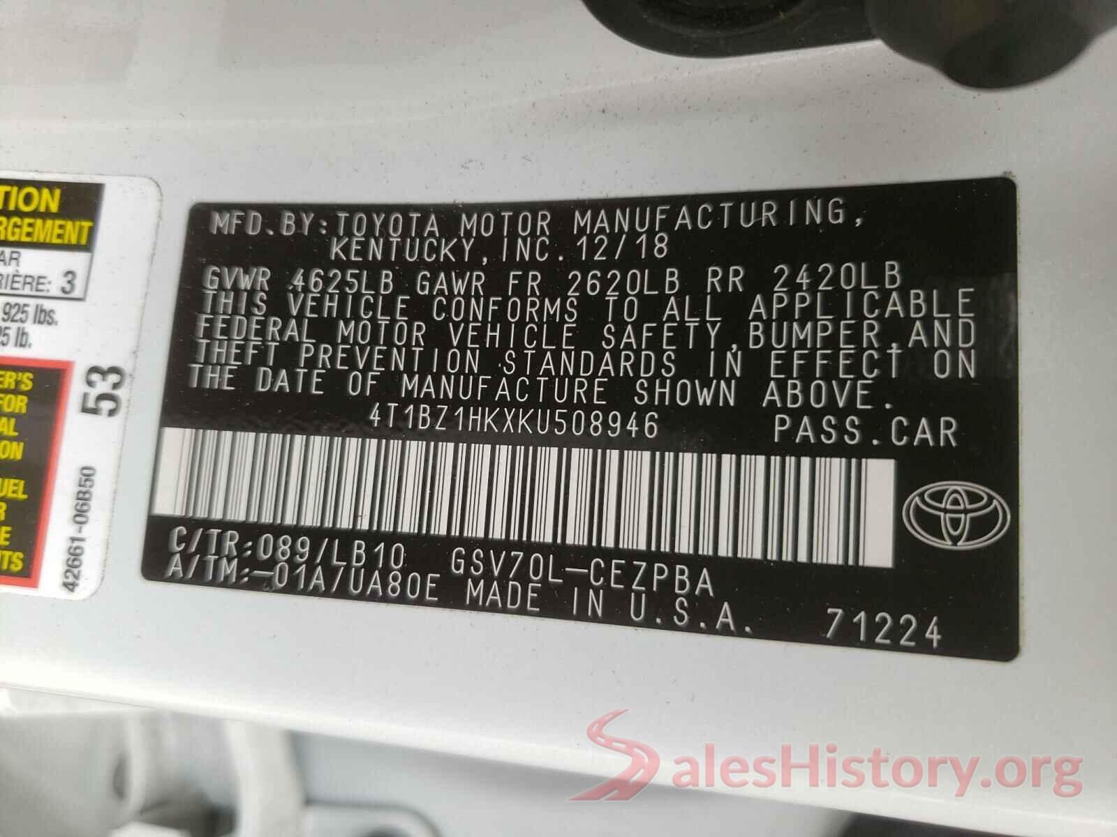 4T1BZ1HKXKU508946 2019 TOYOTA CAMRY