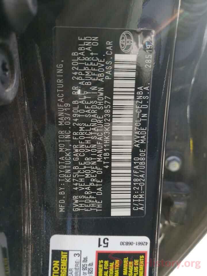 4T1B11HK3KU238577 2019 TOYOTA CAMRY