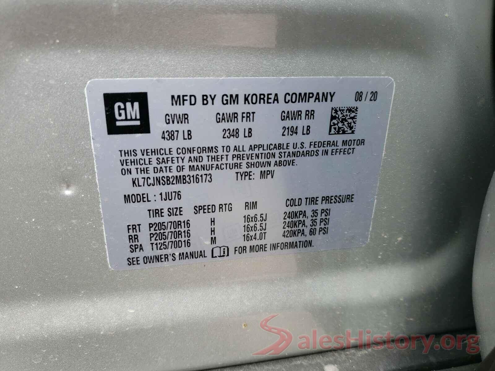 KL7CJNSB2MB316173 2021 CHEVROLET TRAX