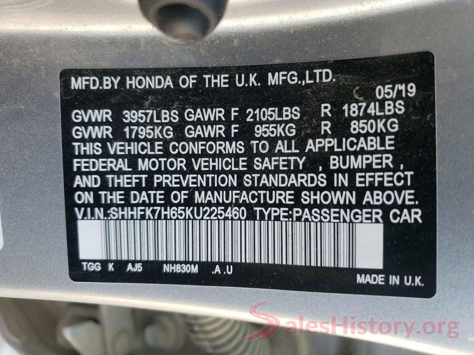 SHHFK7H65KU225460 2019 HONDA CIVIC