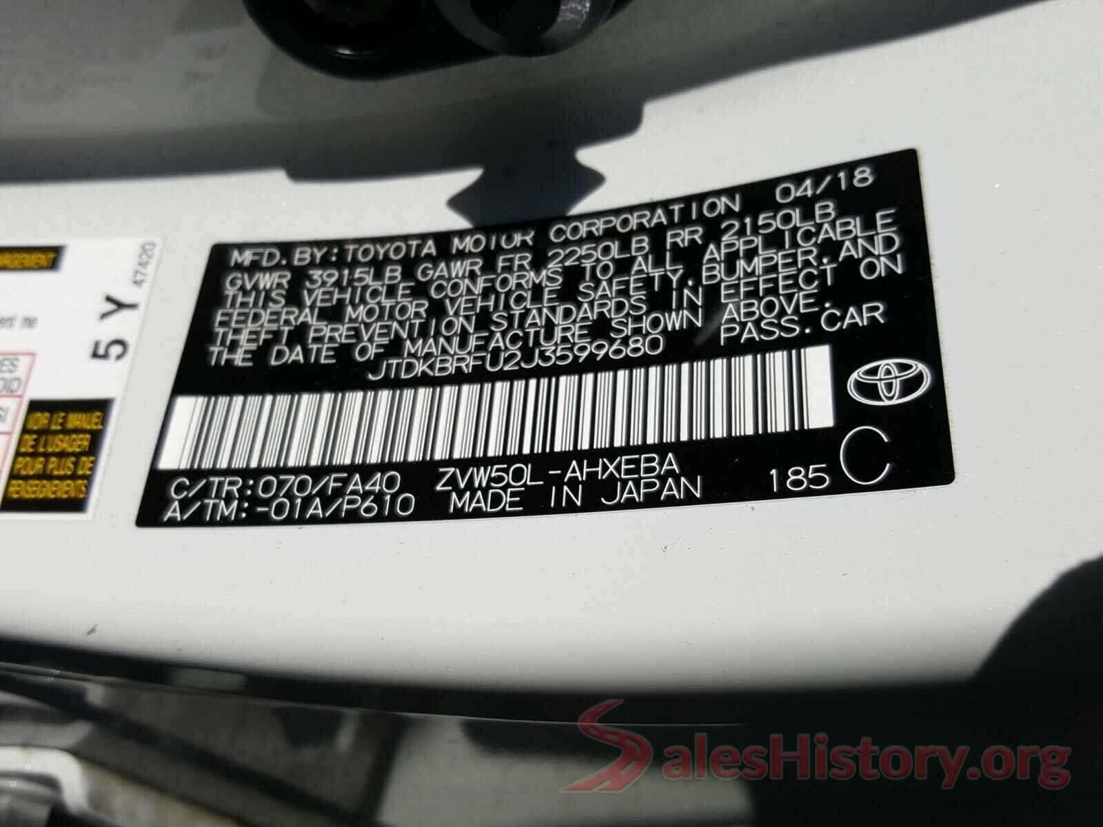 JTDKBRFU2J3599680 2018 TOYOTA PRIUS