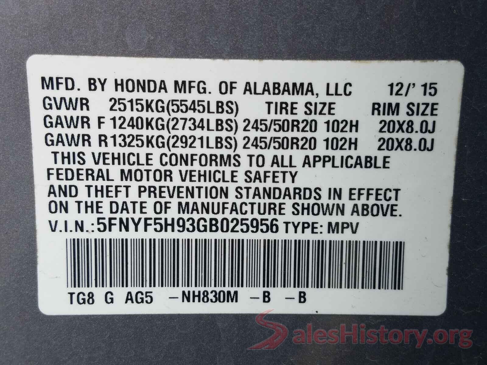 5FNYF5H93GB025956 2016 HONDA PILOT