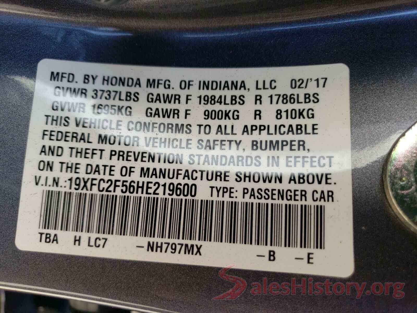 19XFC2F56HE219600 2017 HONDA CIVIC