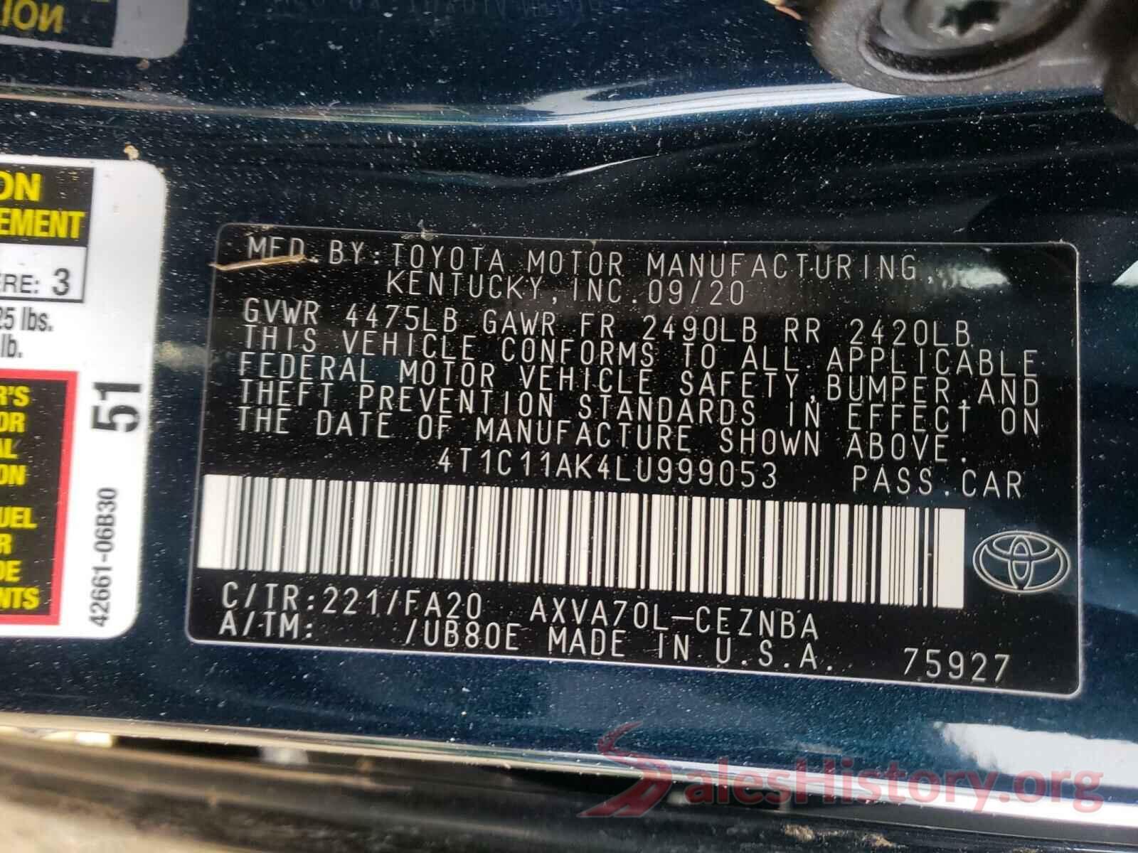 4T1C11AK4LU999053 2020 TOYOTA CAMRY