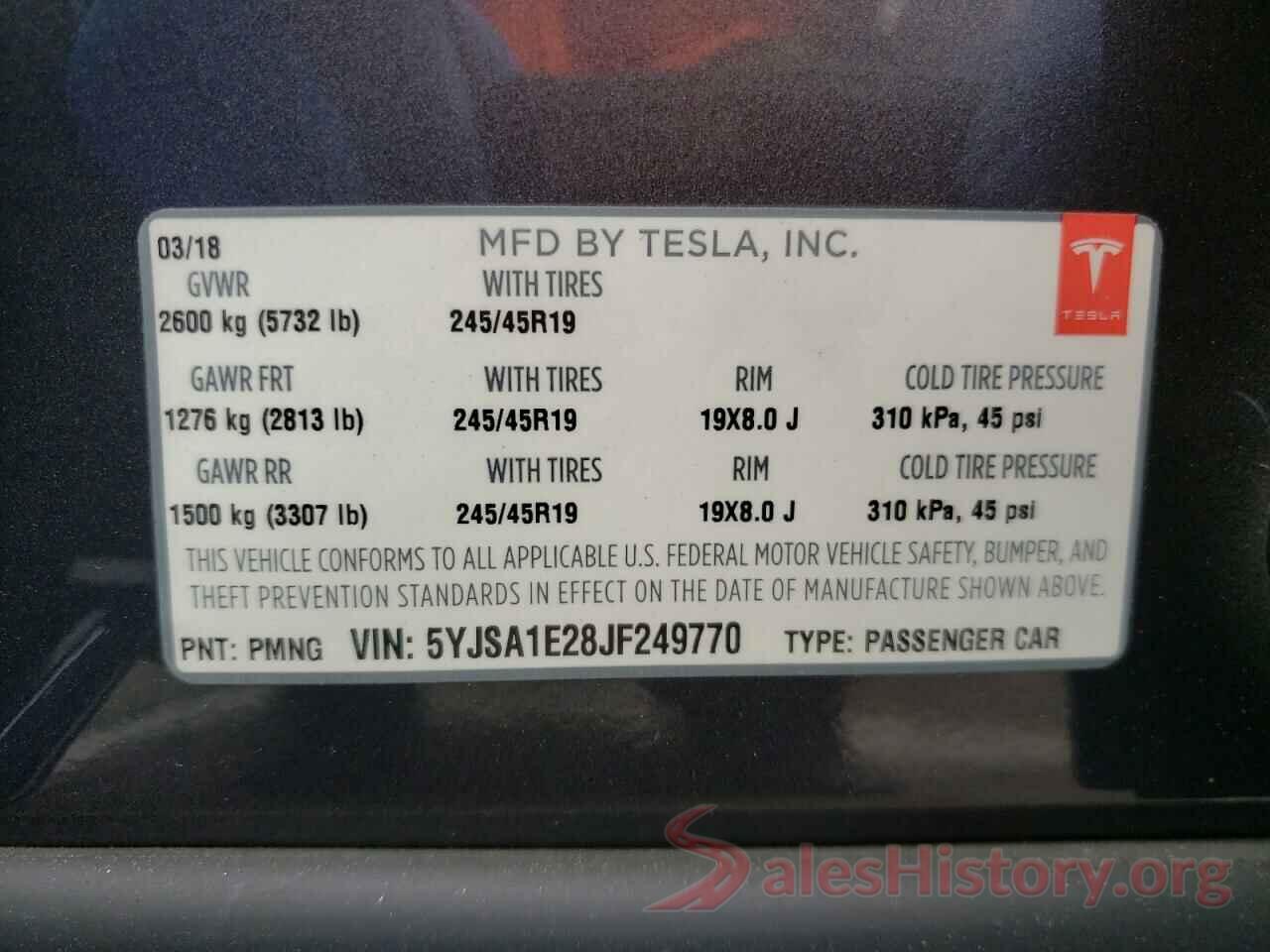 5YJSA1E28JF249770 2018 TESLA MODEL S