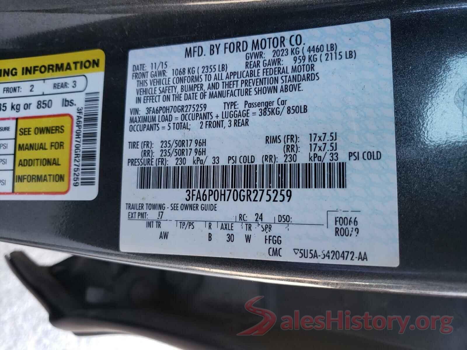 3FA6P0H70GR275259 2016 FORD FUSION