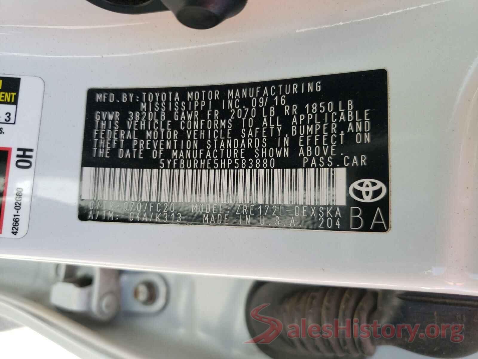 5YFBURHE5HP583880 2017 TOYOTA COROLLA