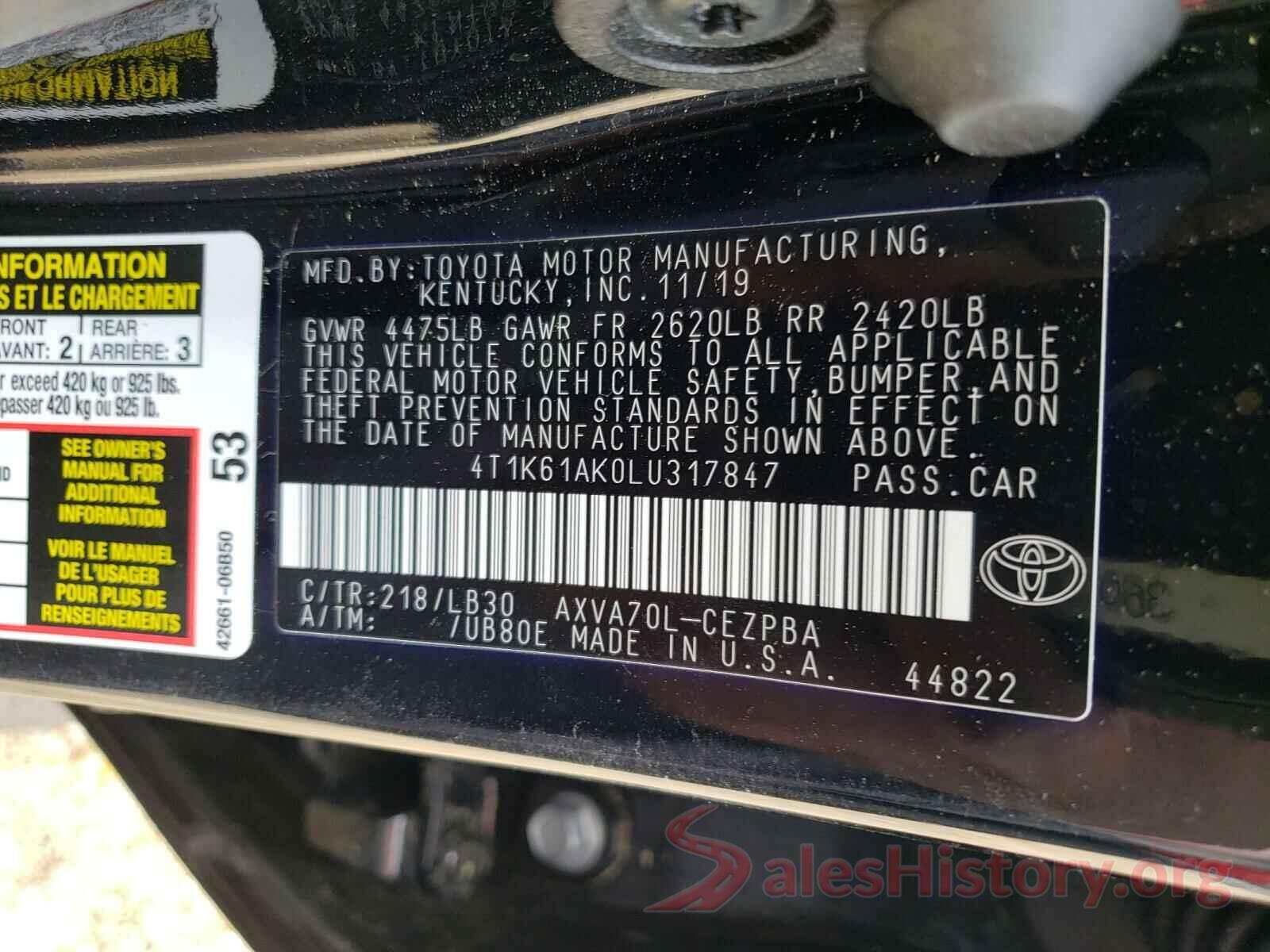 4T1K61AK0LU317847 2020 TOYOTA CAMRY