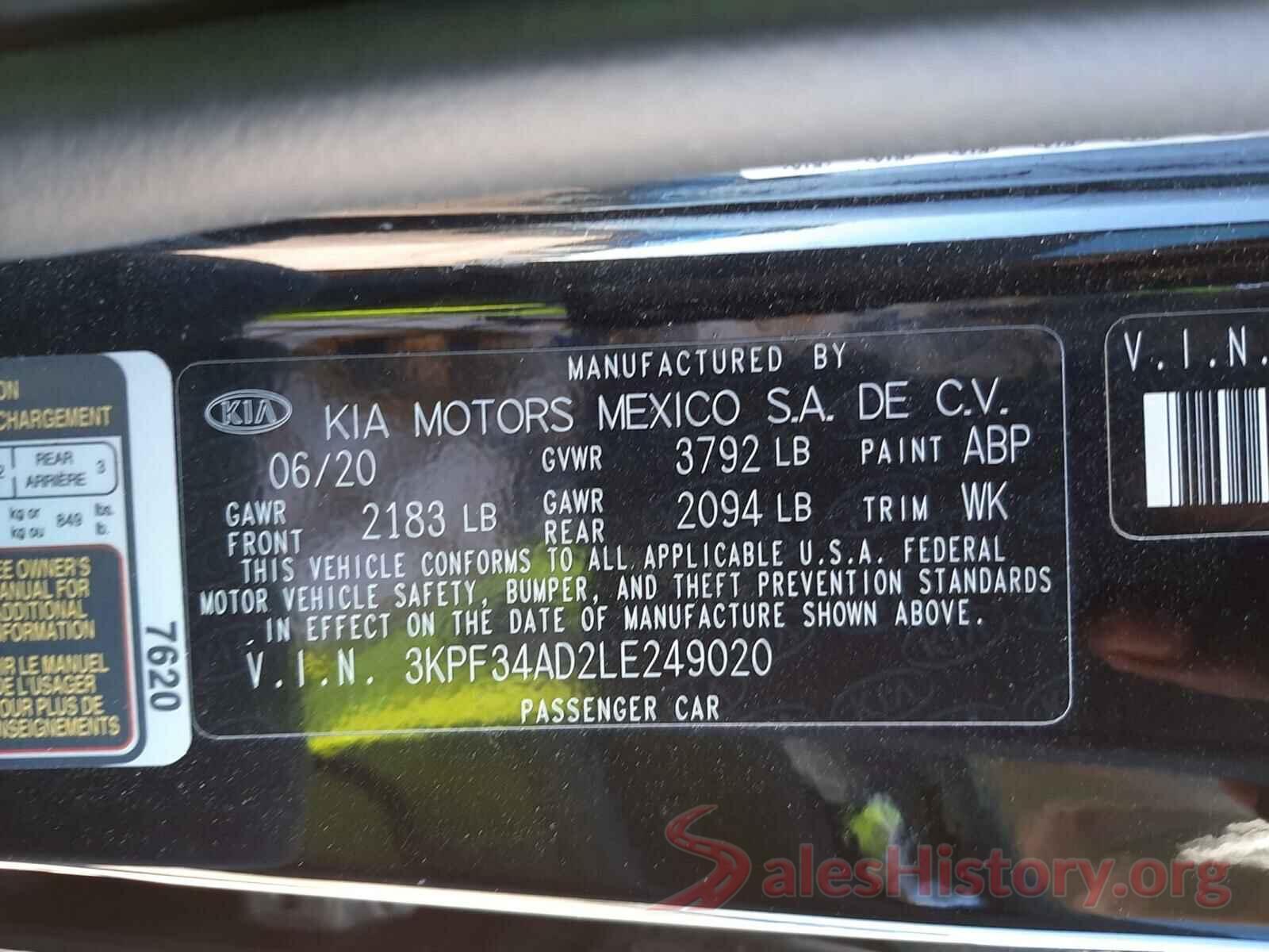 3KPF34AD2LE249020 2020 KIA FORTE