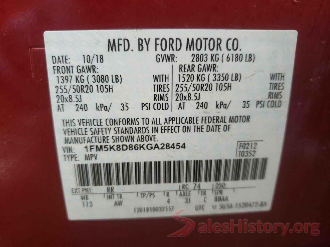 1FM5K8D86KGA28454 2019 FORD EXPLORER