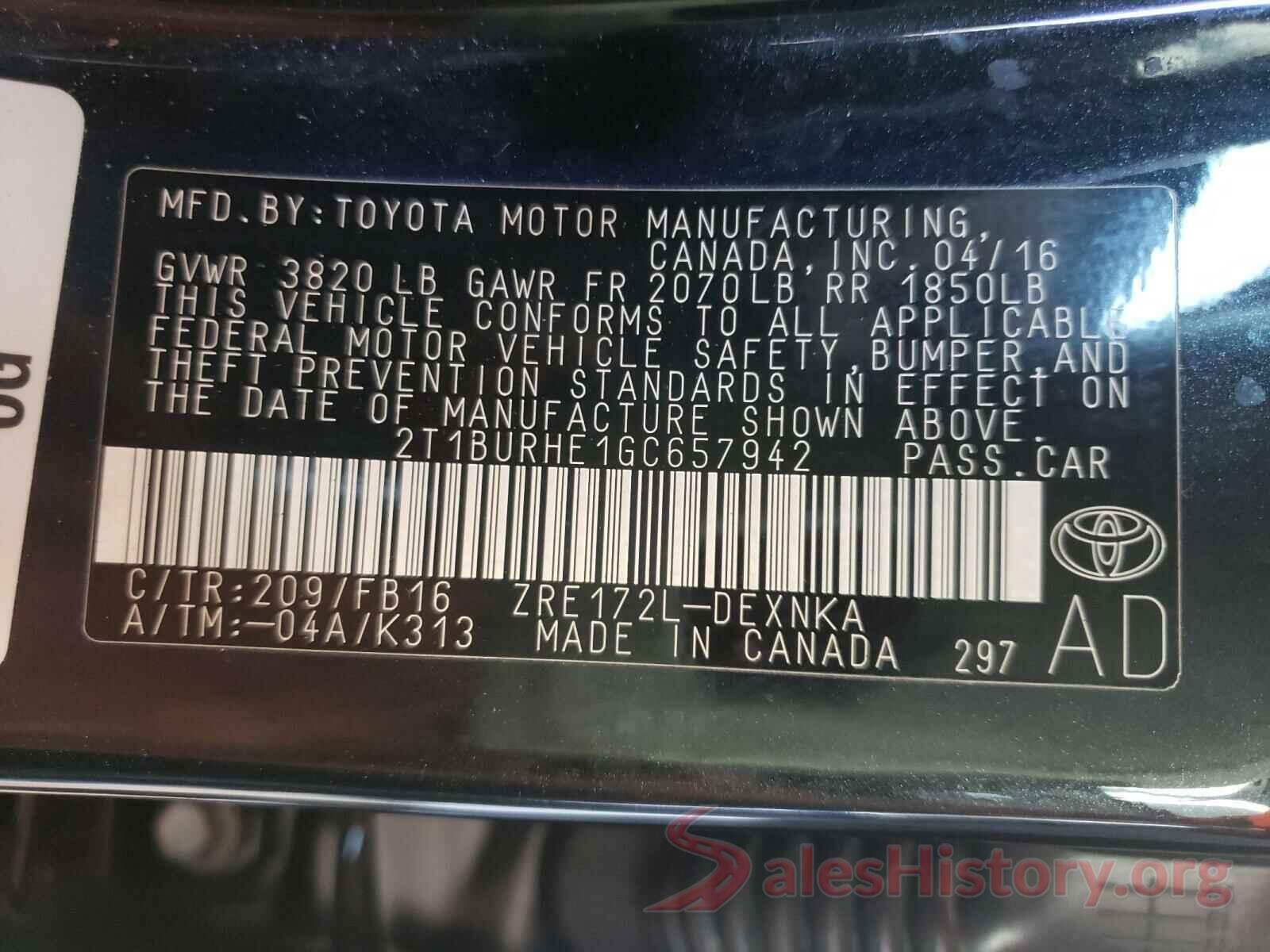 2T1BURHE1GC657942 2016 TOYOTA COROLLA