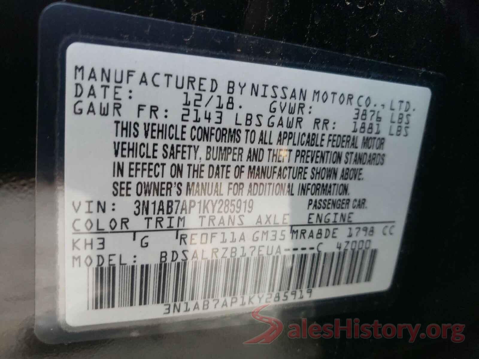 3N1AB7AP1KY285919 2019 NISSAN SENTRA