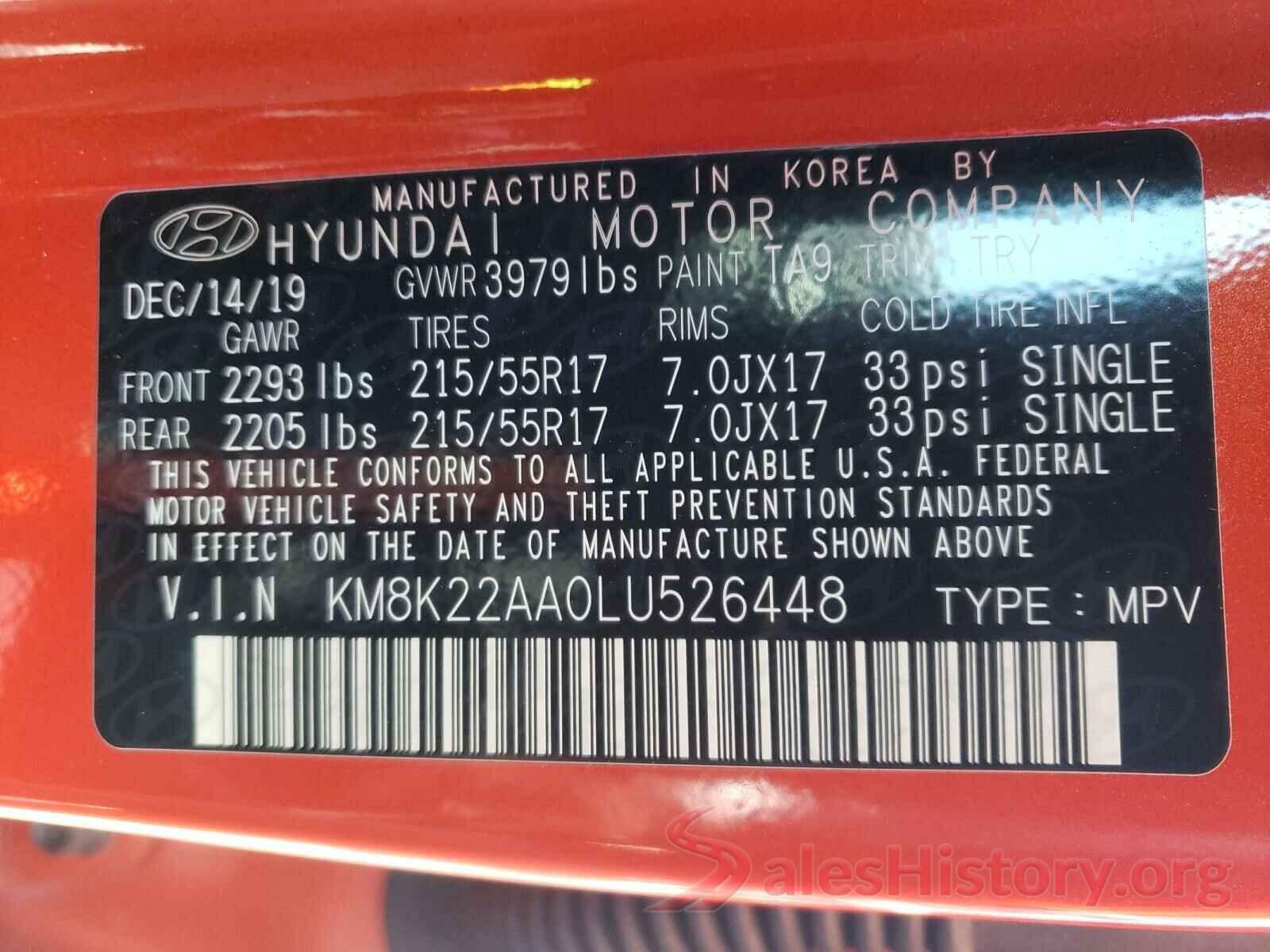 KM8K22AA0LU526448 2020 HYUNDAI KONA