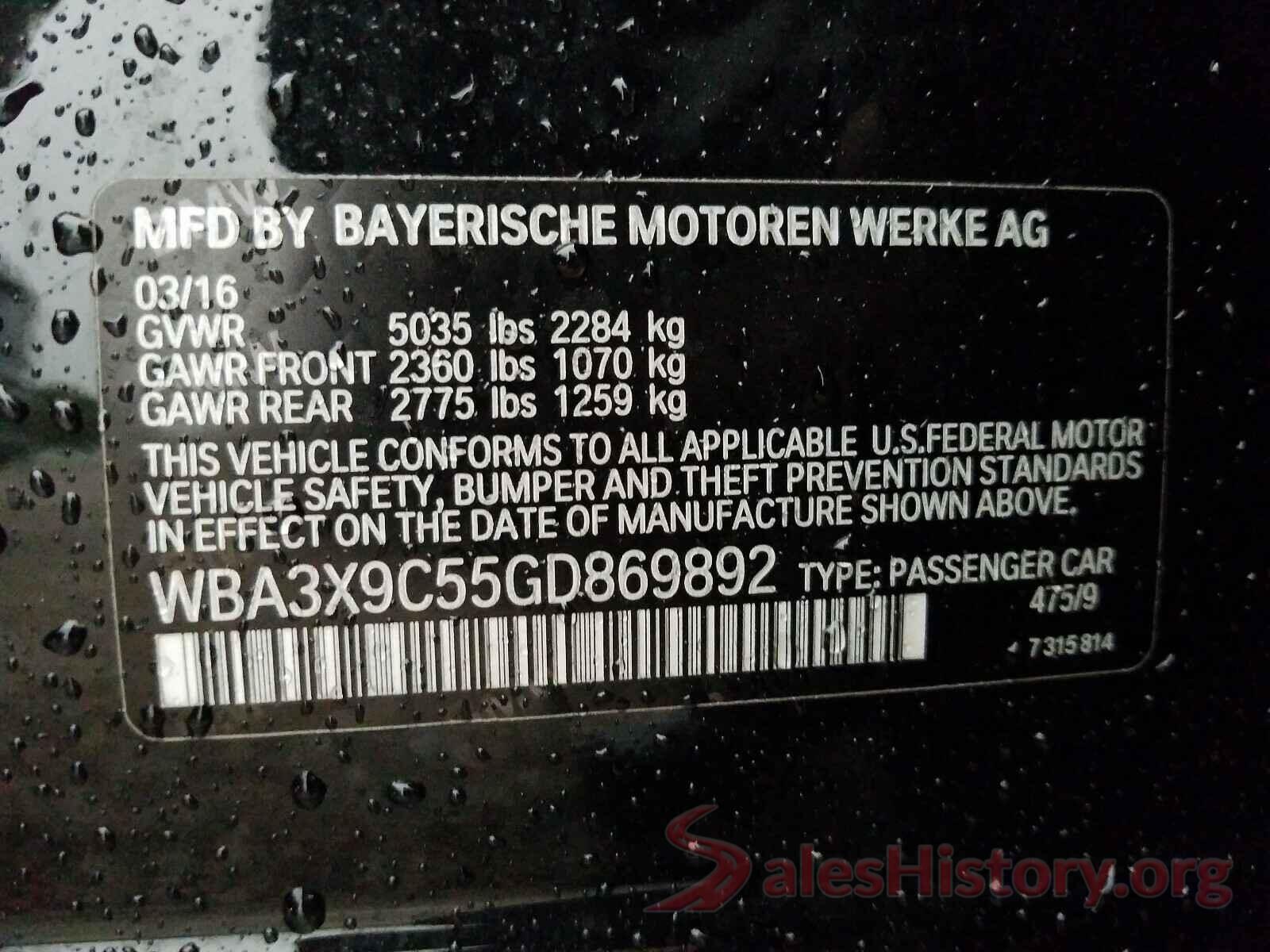 WBA3X9C55GD869892 2016 BMW 3 SERIES