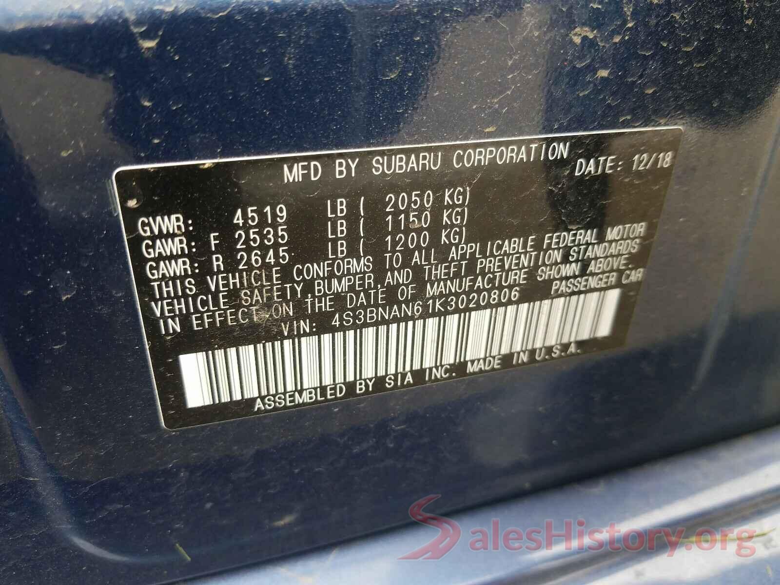 4S3BNAN61K3020806 2019 SUBARU LEGACY