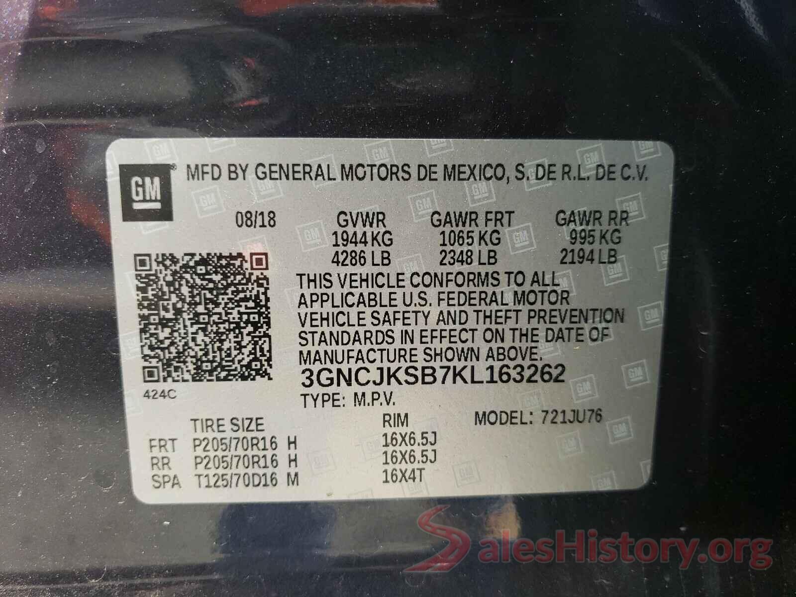 3GNCJKSB7KL163262 2019 CHEVROLET TRAX