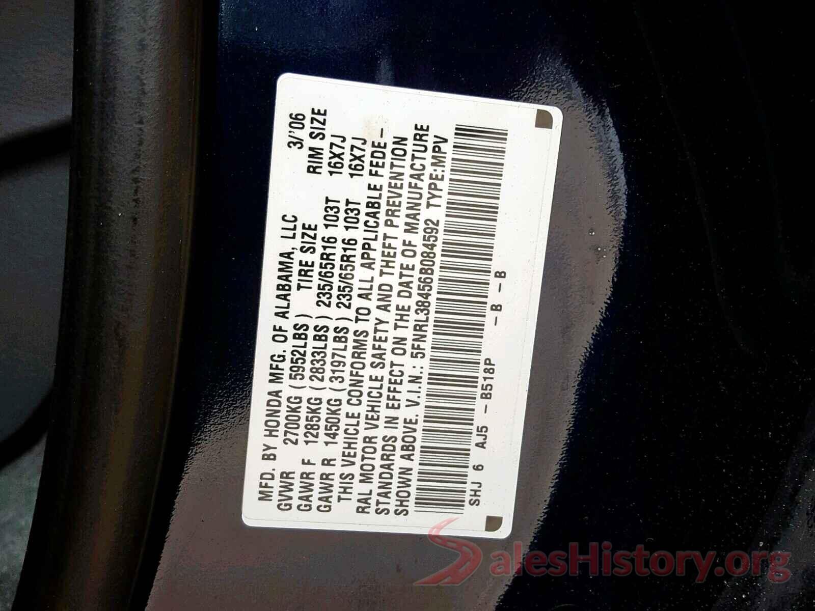 5FNRL38456B084592 2006 HONDA ODYSSEY EX