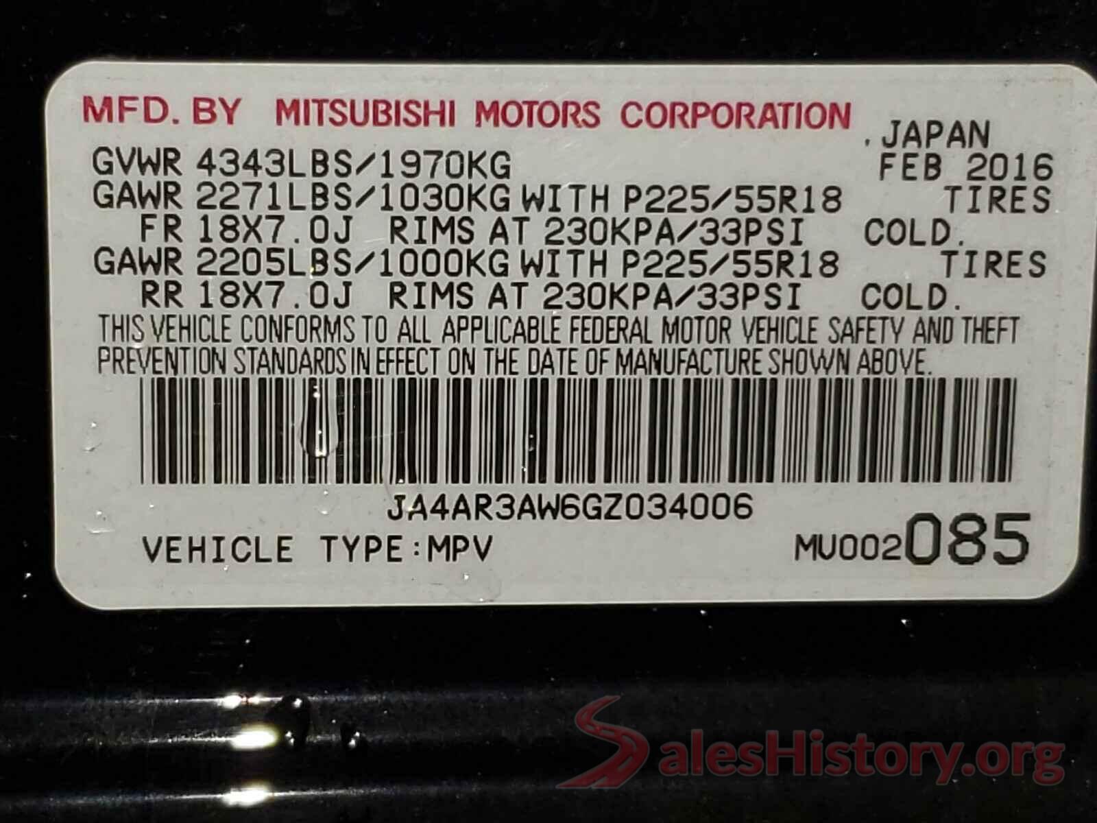 JA4AR3AW6GZ034006 2016 MITSUBISHI OUTLANDER