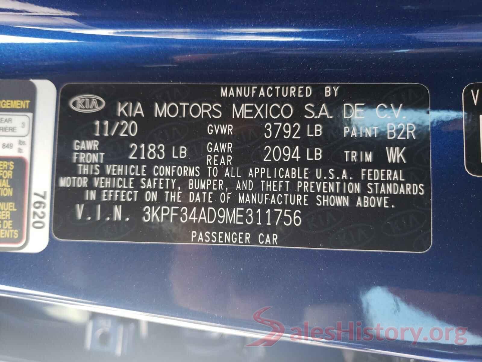 3KPF34AD9ME311756 2021 KIA FORTE