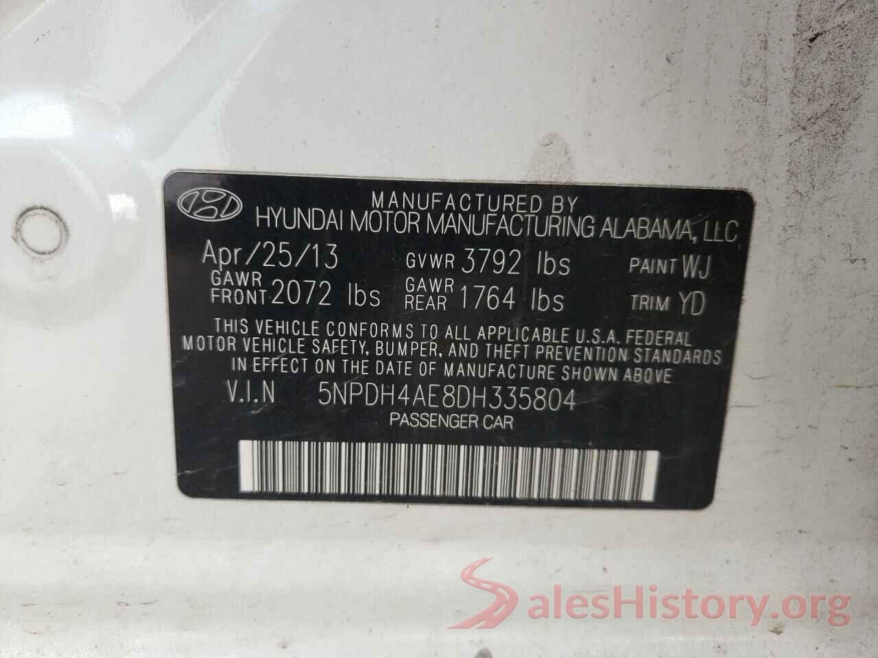 5NPDH4AE8DH335804 2013 HYUNDAI ELANTRA