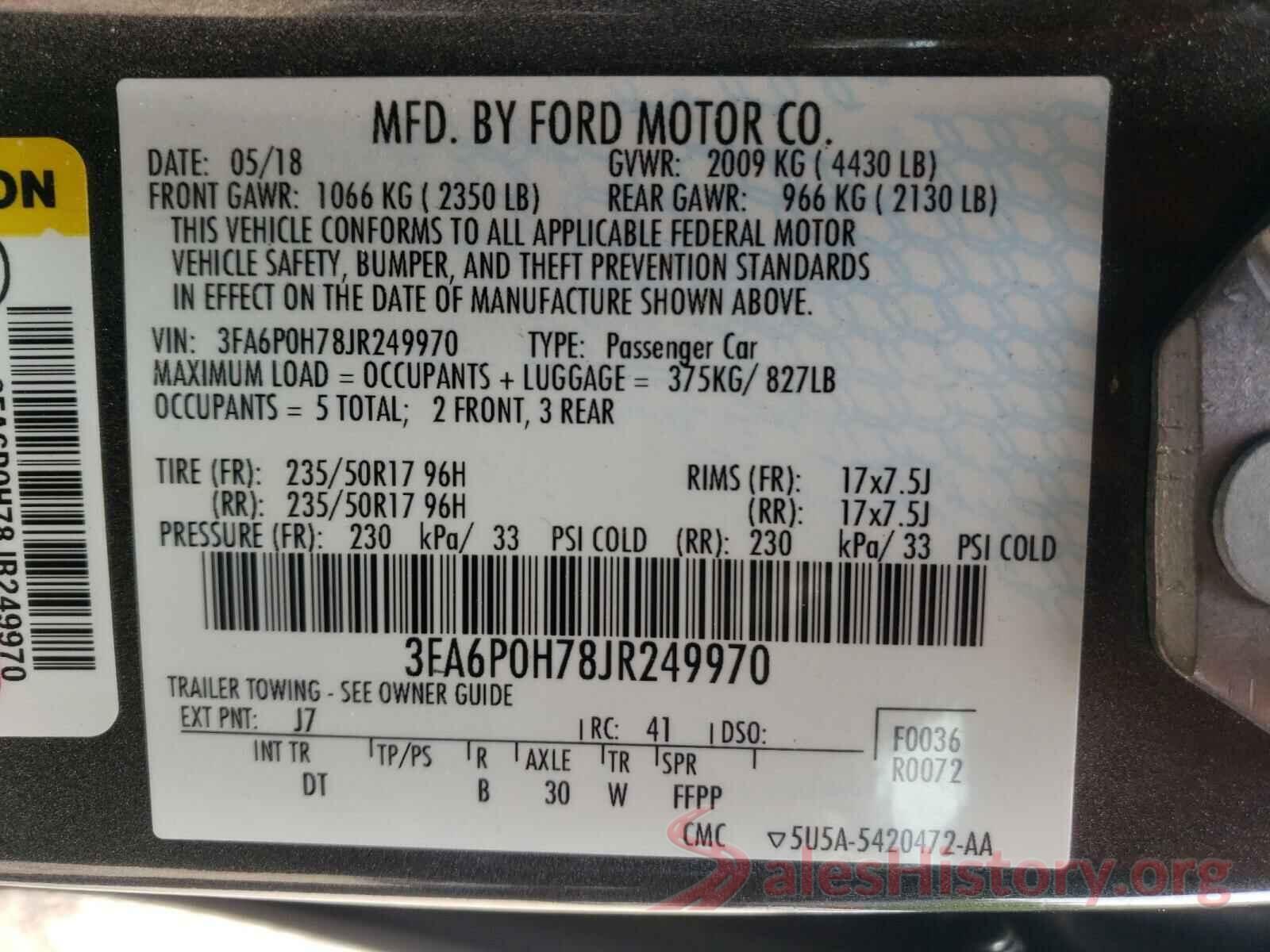 3FA6P0H78JR249970 2018 FORD FUSION