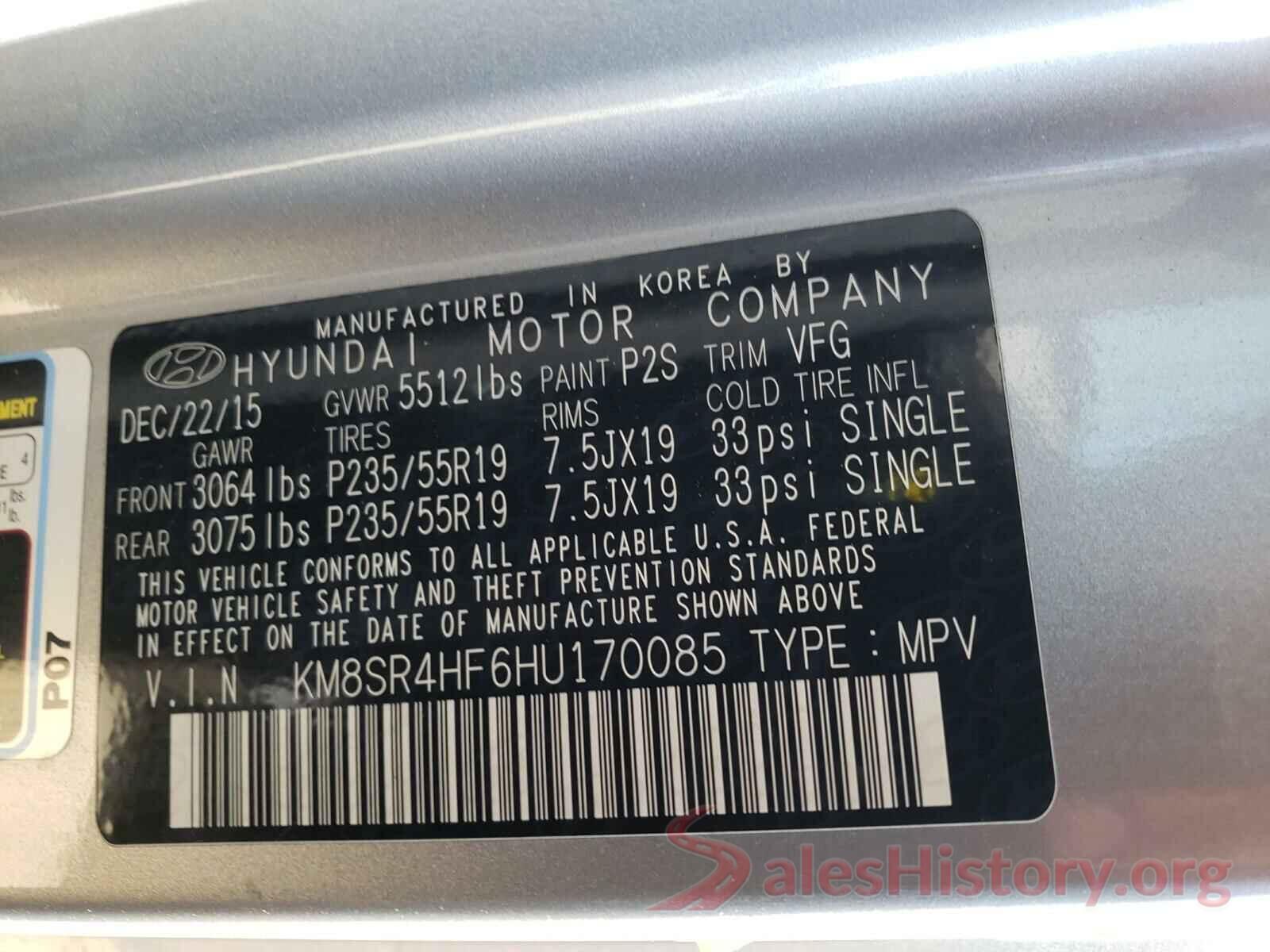 KM8SR4HF6HU170085 2017 HYUNDAI SANTA FE