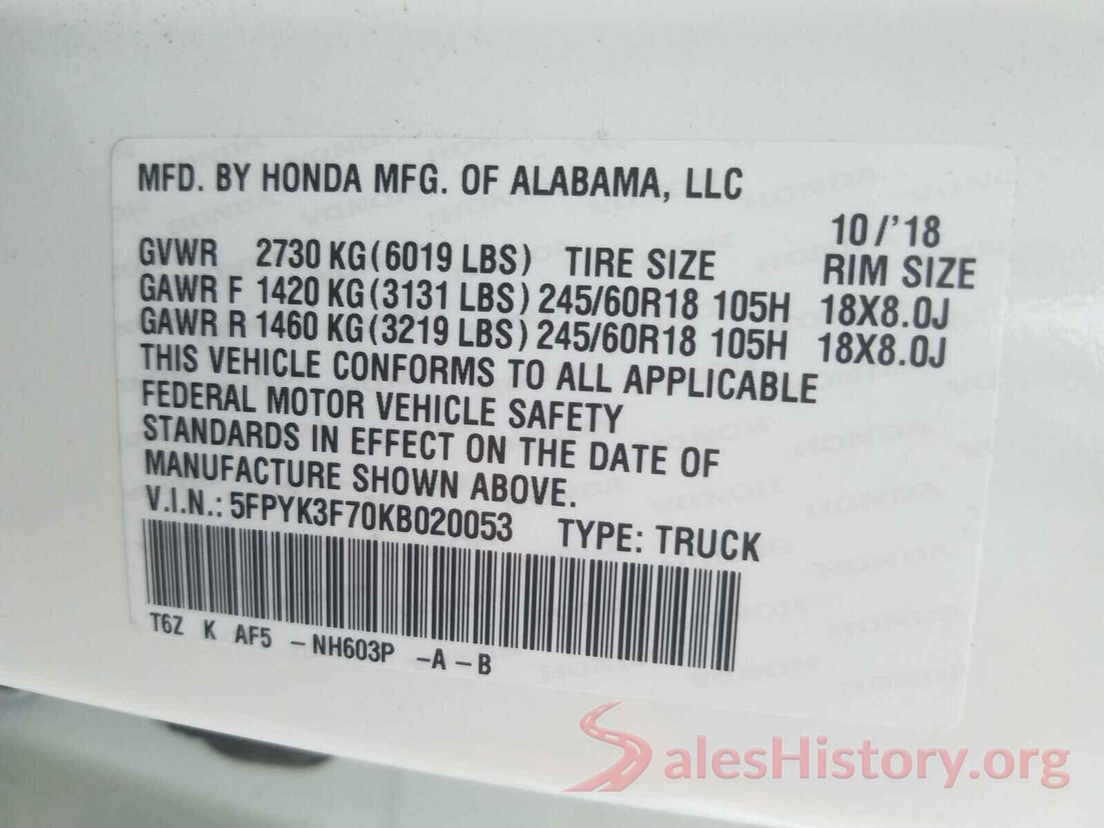 5FPYK3F70KB020053 2019 HONDA RIDGELINE