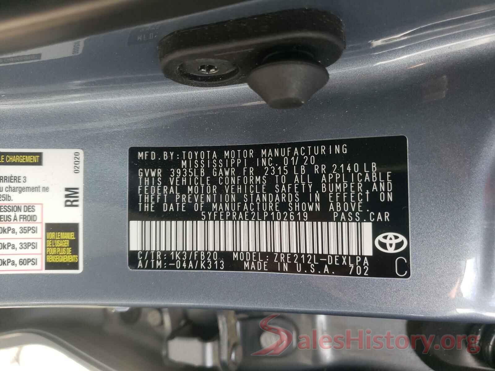 5YFEPRAE2LP102619 2020 TOYOTA COROLLA