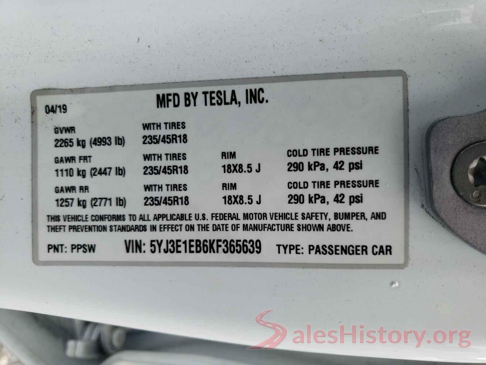 5YJ3E1EB6KF365639 2019 TESLA MODEL 3