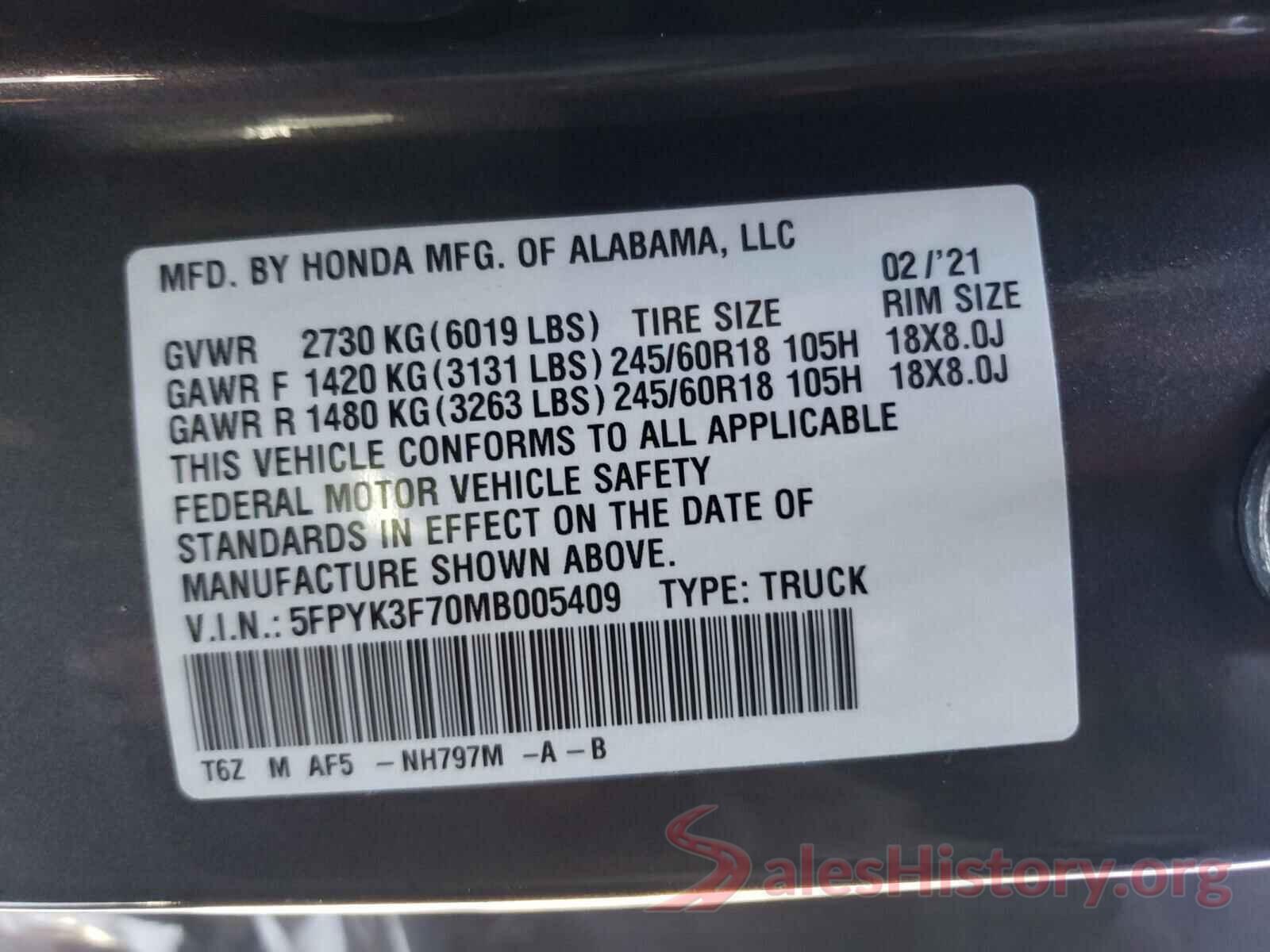 5FPYK3F70MB005409 2021 HONDA RIDGELINE