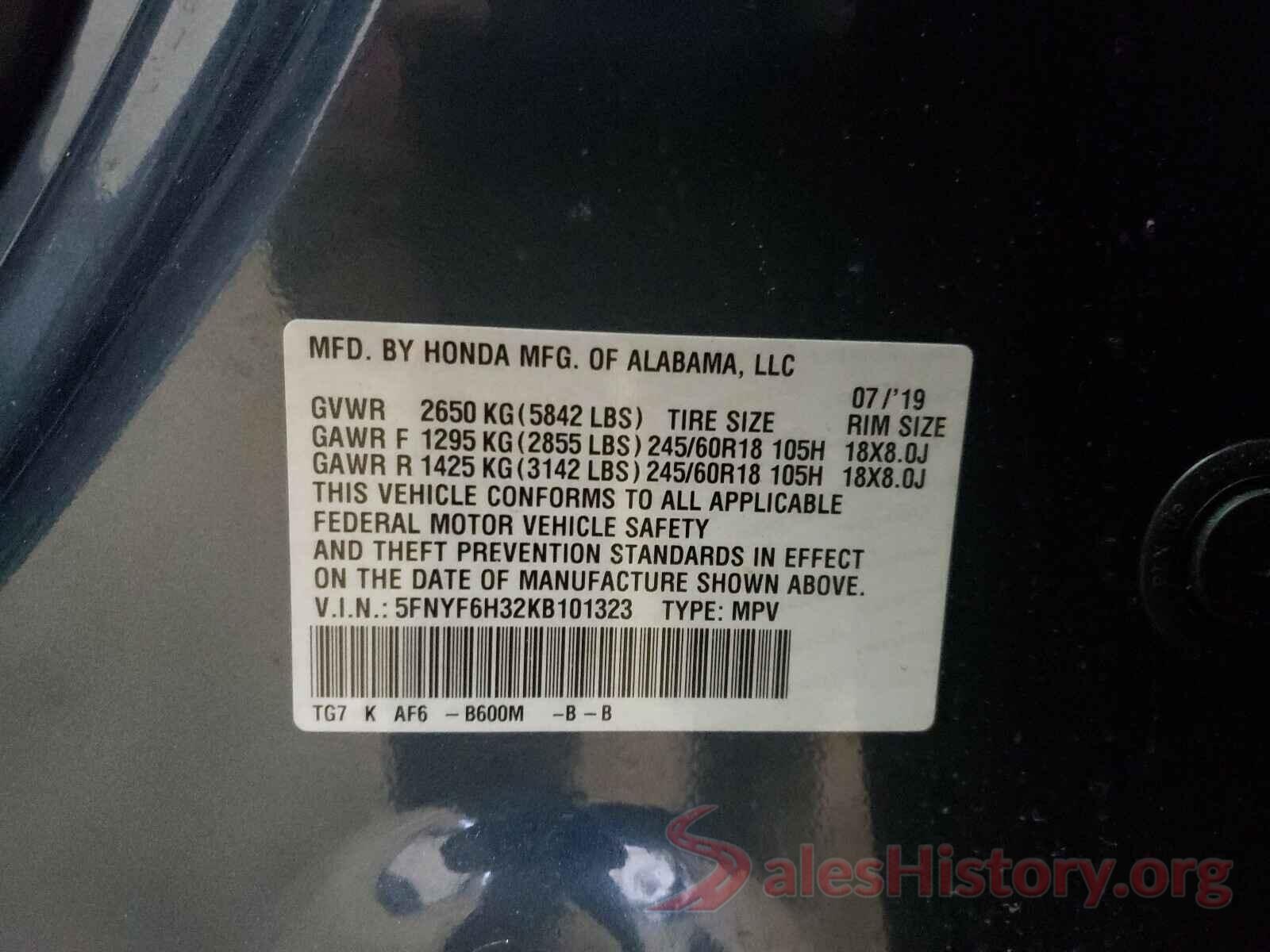 5FNYF6H32KB101323 2019 HONDA PILOT