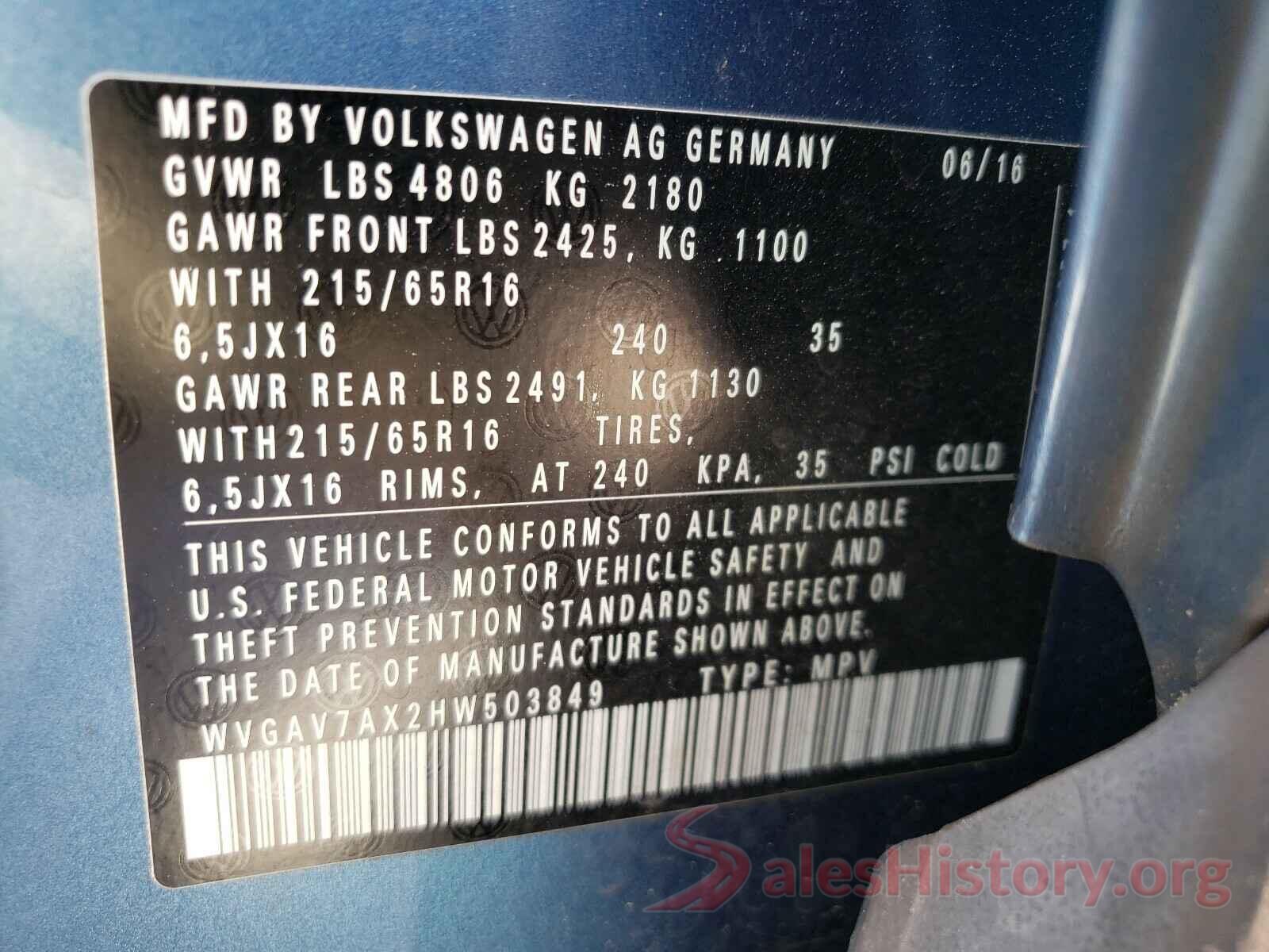 WVGAV7AX2HW503849 2017 VOLKSWAGEN TIGUAN