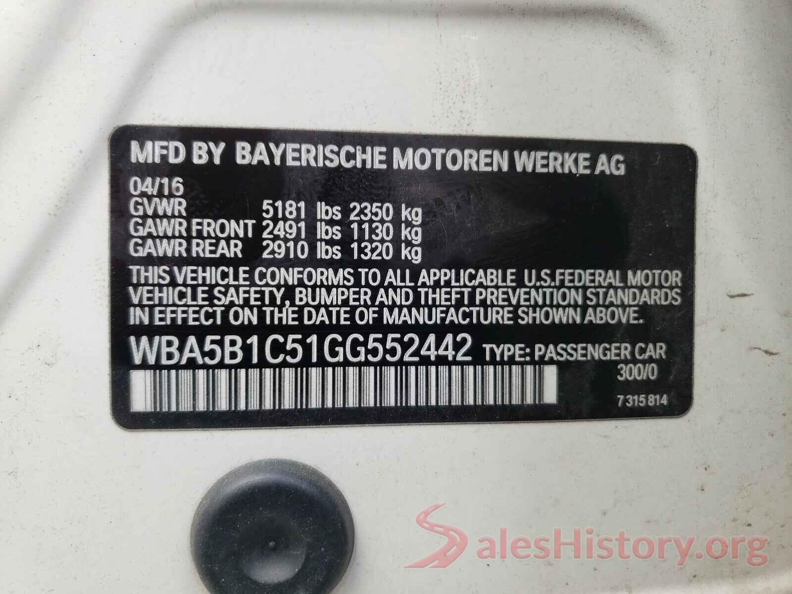 WBA5B1C51GG552442 2016 BMW 5 SERIES