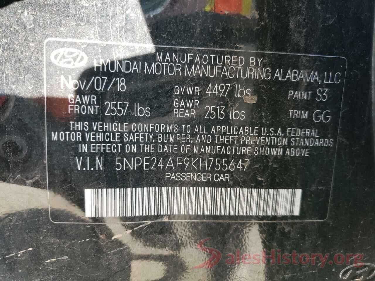 5NPE24AF9KH755647 2019 HYUNDAI SONATA