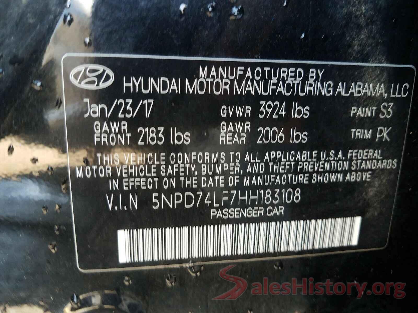 5NPD74LF7HH183108 2017 HYUNDAI ELANTRA