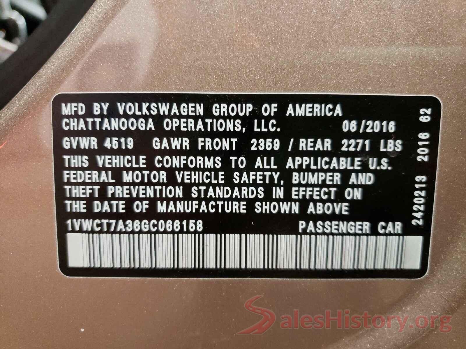 1VWCT7A36GC066158 2016 VOLKSWAGEN PASSAT