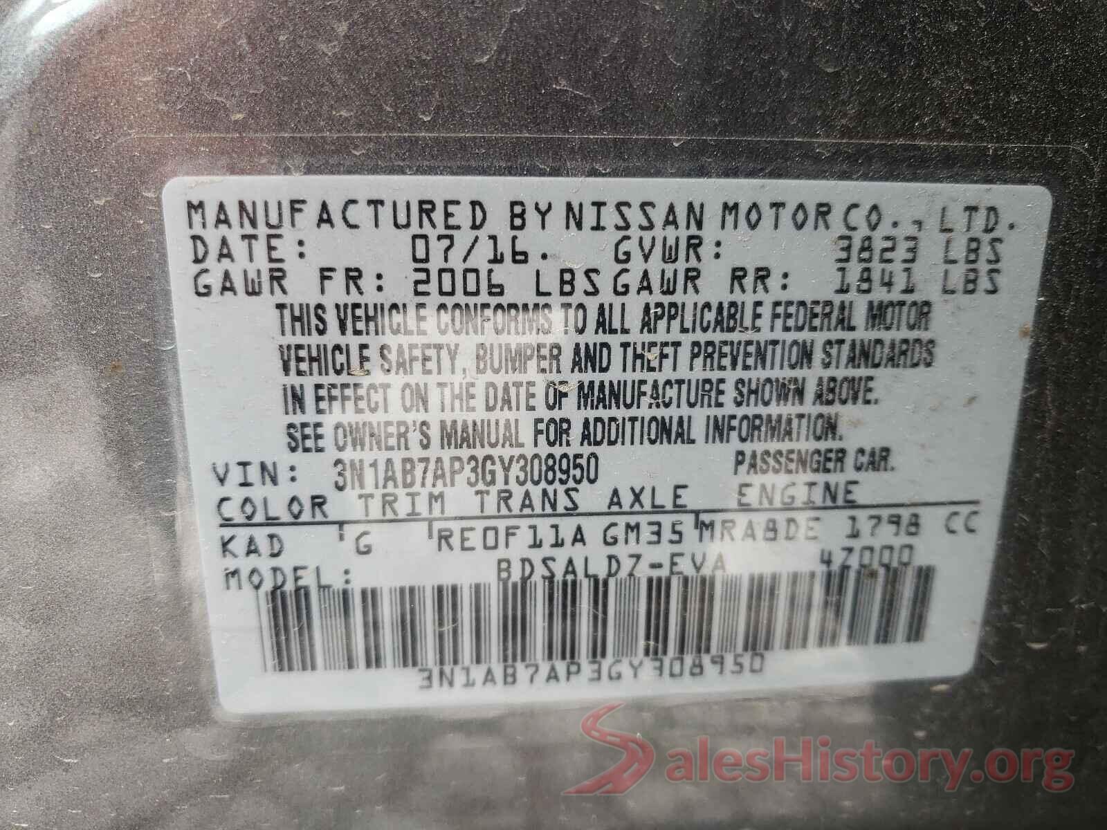 3N1AB7AP3GY308950 2016 NISSAN SENTRA