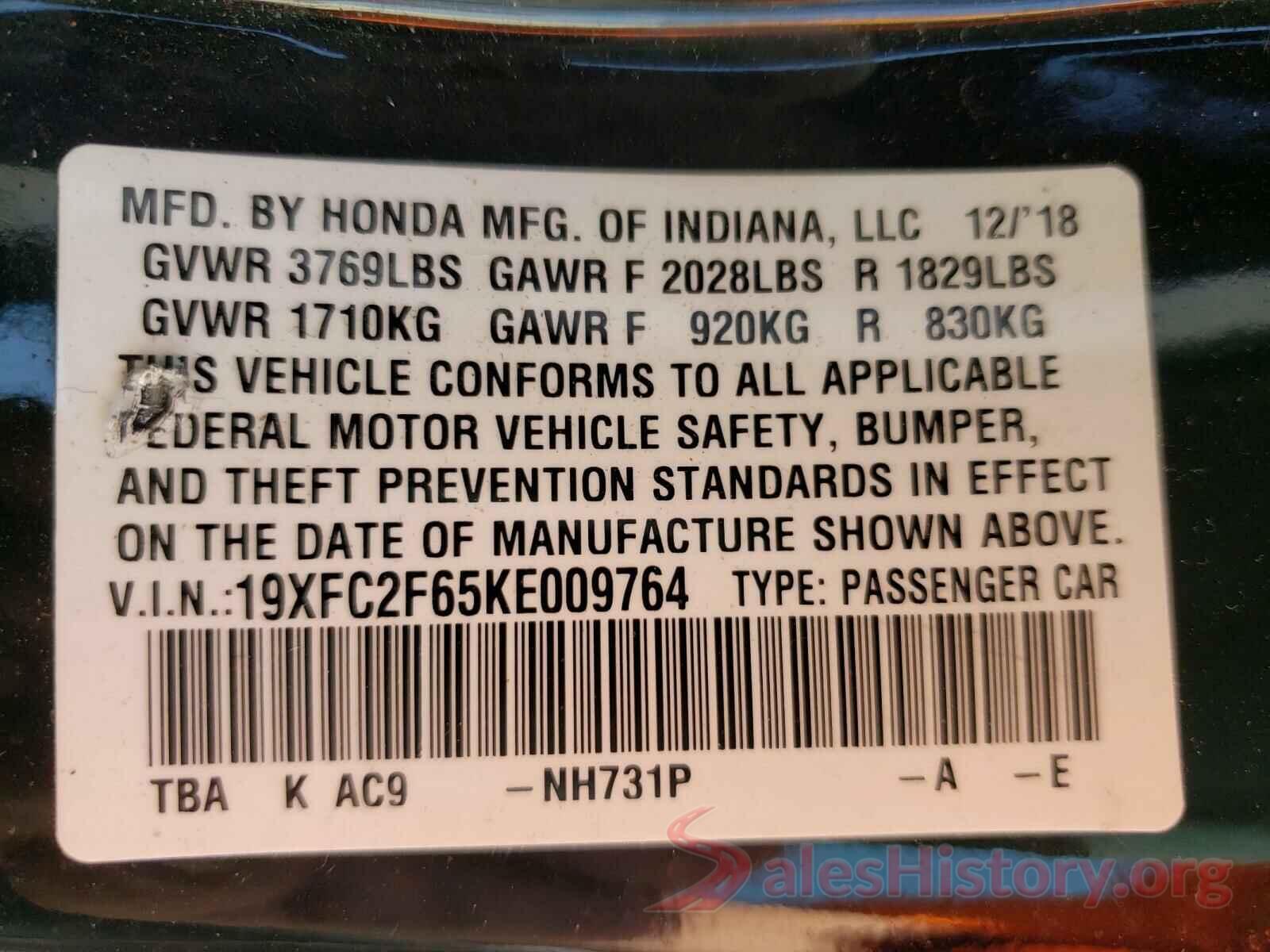 19XFC2F65KE009764 2019 HONDA CIVIC