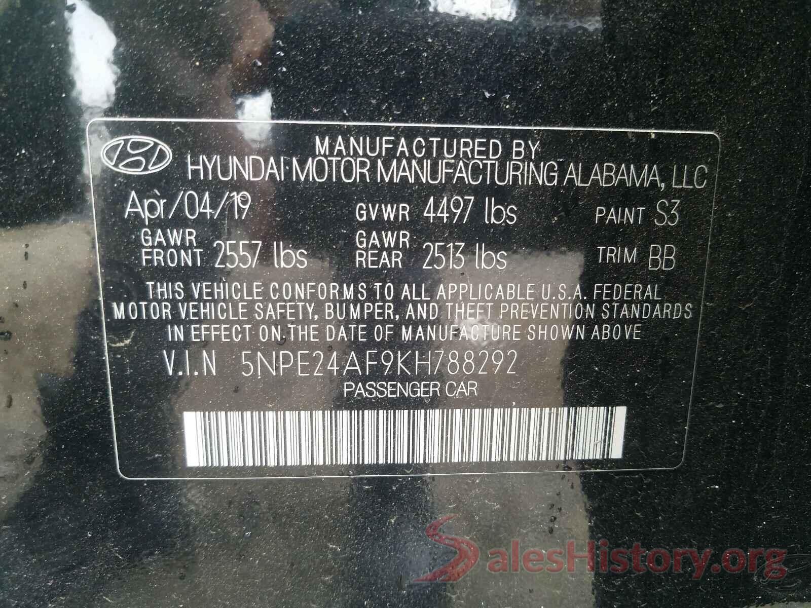 5NPE24AF9KH788292 2019 HYUNDAI SONATA