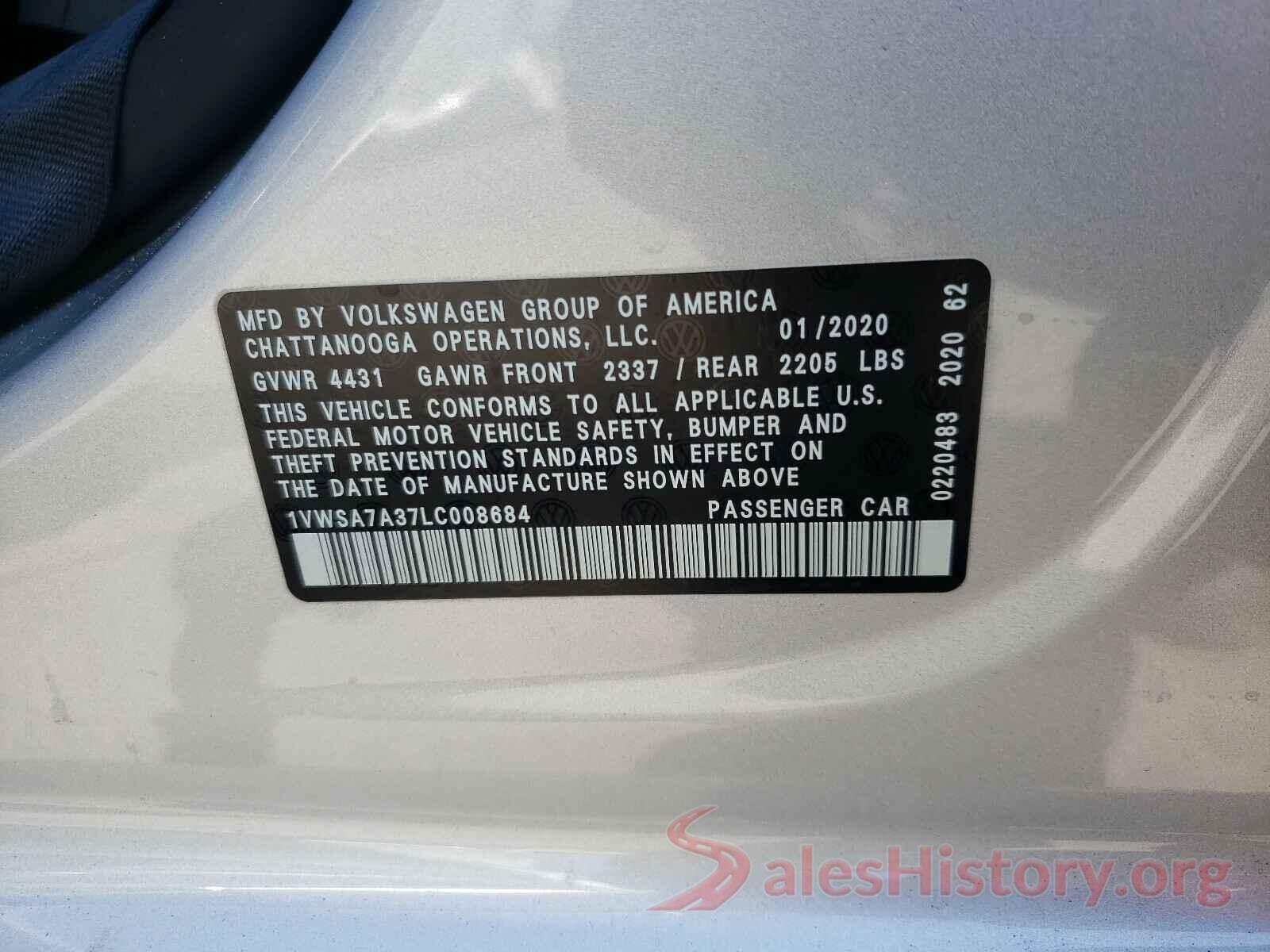 1VWSA7A37LC008684 2020 VOLKSWAGEN PASSAT