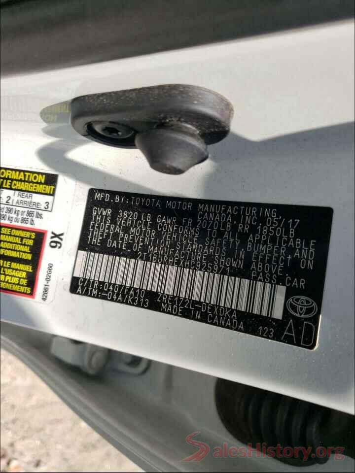 2T1BURHEXHC925971 2017 TOYOTA COROLLA