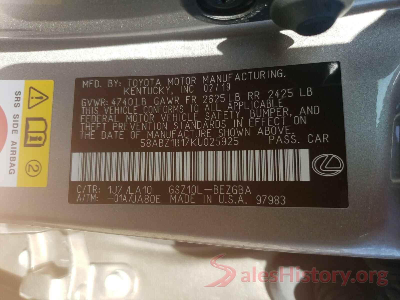 58ABZ1B17KU025925 2019 LEXUS ES350